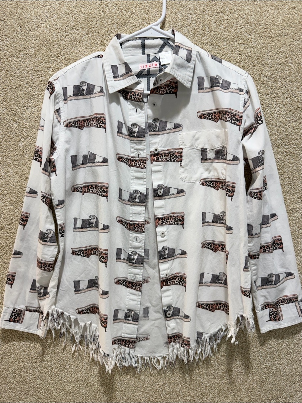 Tizzie fringe shoe fashion blouse animal print cotton button down blouse Flawed